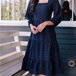 Gal Meets Glam Brynn Blue A-line Midi Dress with Bishop Sleeves